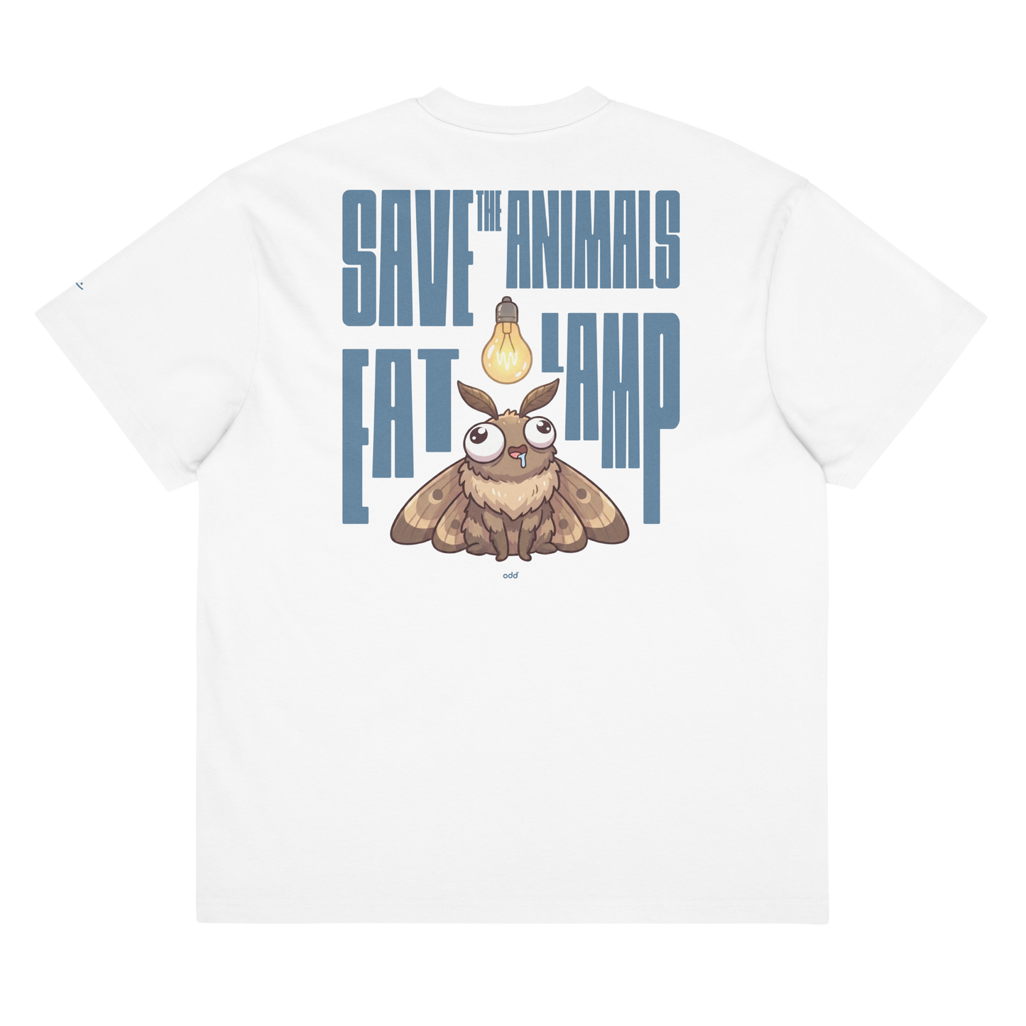 white boxy oversized unisex t-shirt, back view, "save the animals" "eat lamp" and moth with light bulb print