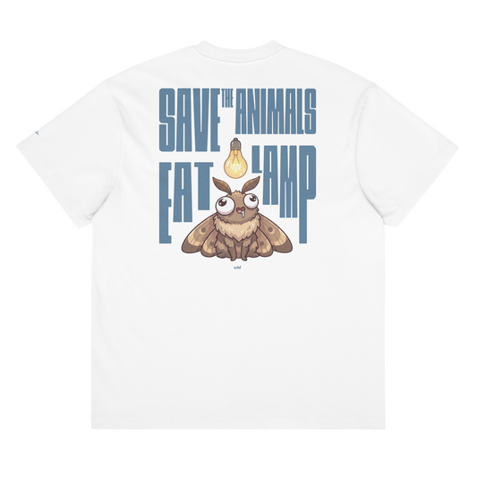 white boxy oversized unisex t-shirt, back view, "save the animals" "eat lamp" and moth with light bulb print