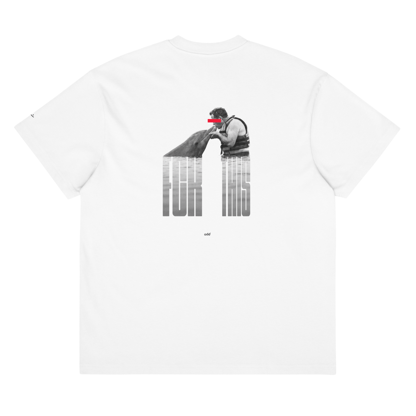 white boxy oversized unisex t-shirt, back view, "fck this" with a man kissing a dolphin in captivity