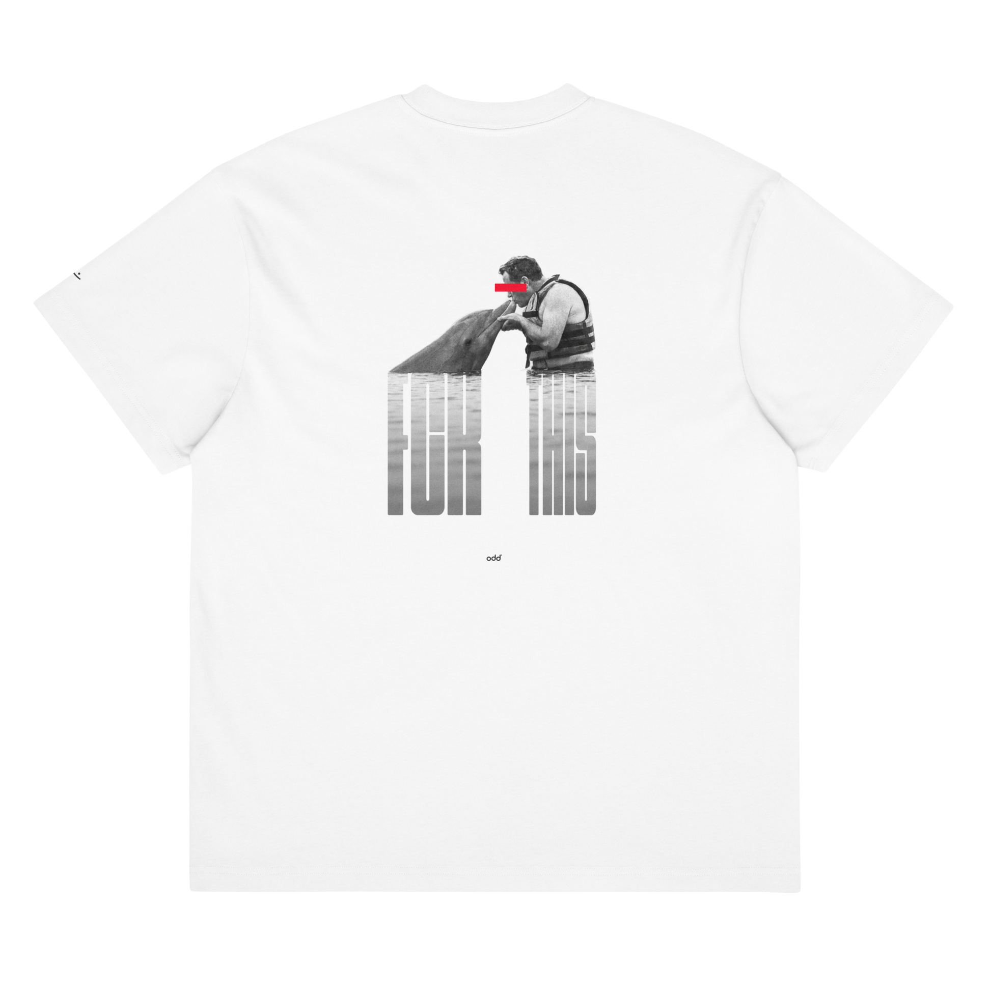 white boxy oversized unisex t-shirt, back view, "fck this" with a man kissing a dolphin in captivity
