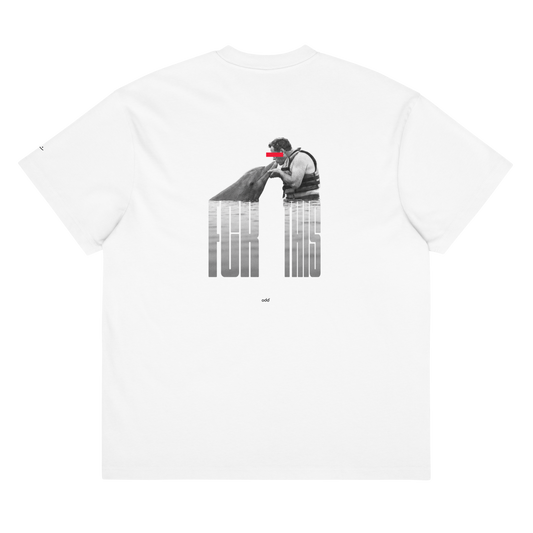 white boxy oversized unisex t-shirt, back view, "fck this" with a man kissing a dolphin in captivity