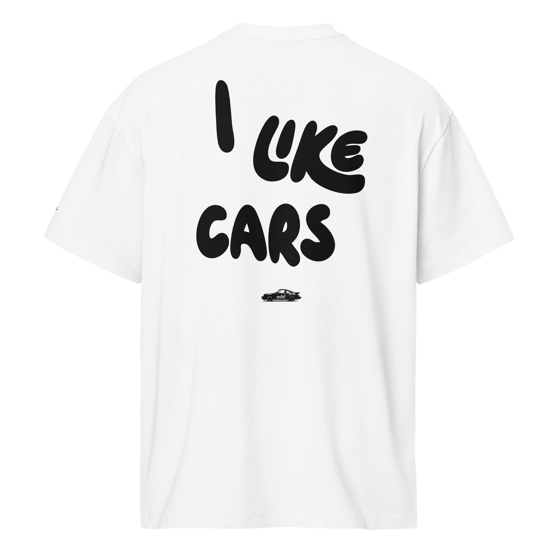 white boxy oversized unisex t-shirt, back view, "I LIKE CARS" and a 911 print