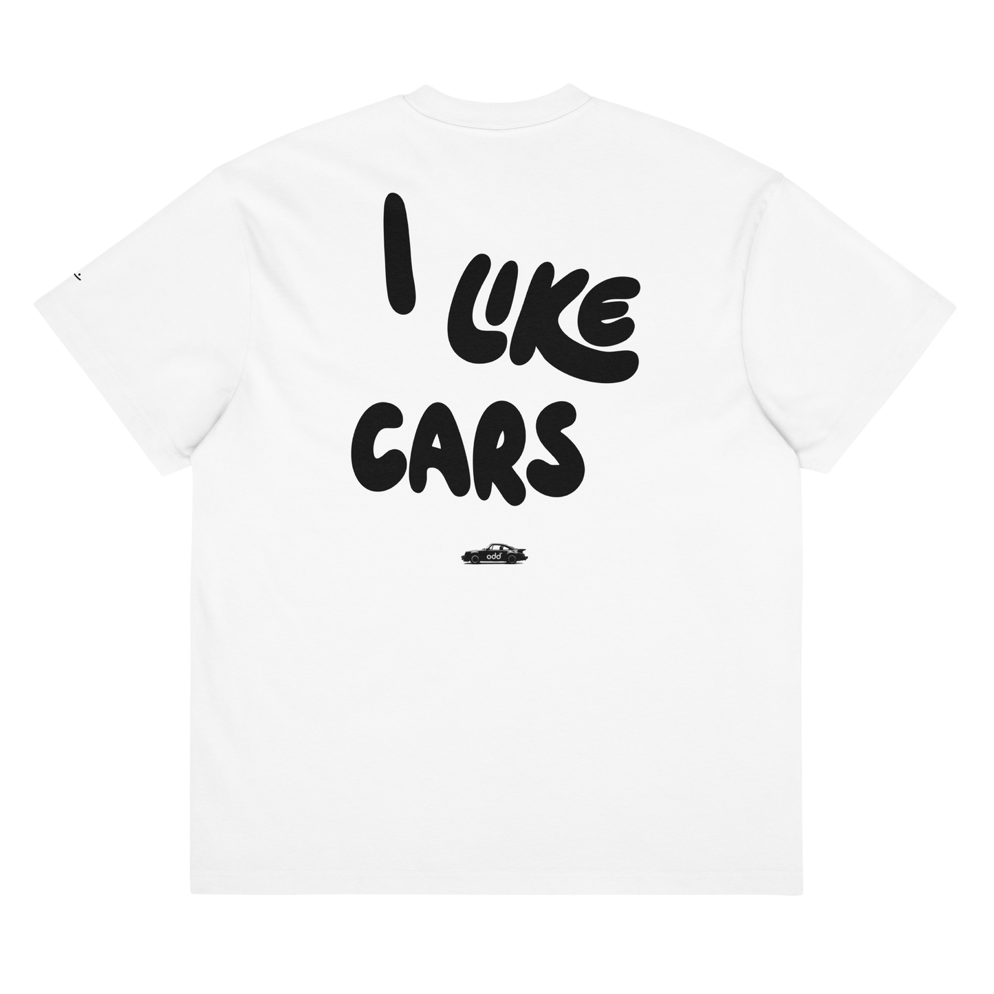 white boxy oversized unisex t-shirt, back view, "I LIKE CARS" and a 911 print