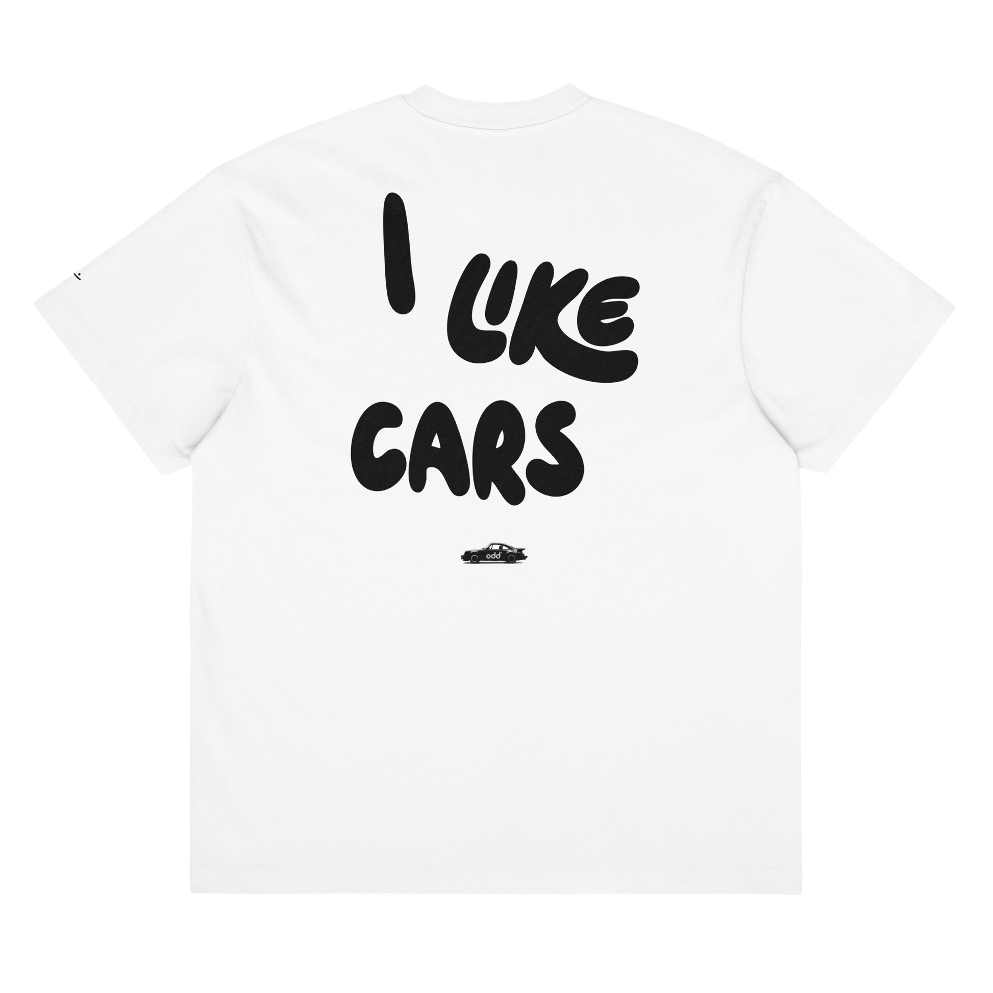 white boxy oversized unisex t-shirt, back view, "I LIKE CARS" and a 911 print