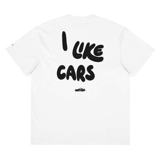 white boxy oversized unisex t-shirt, back view, "I LIKE CARS" and a 911 print