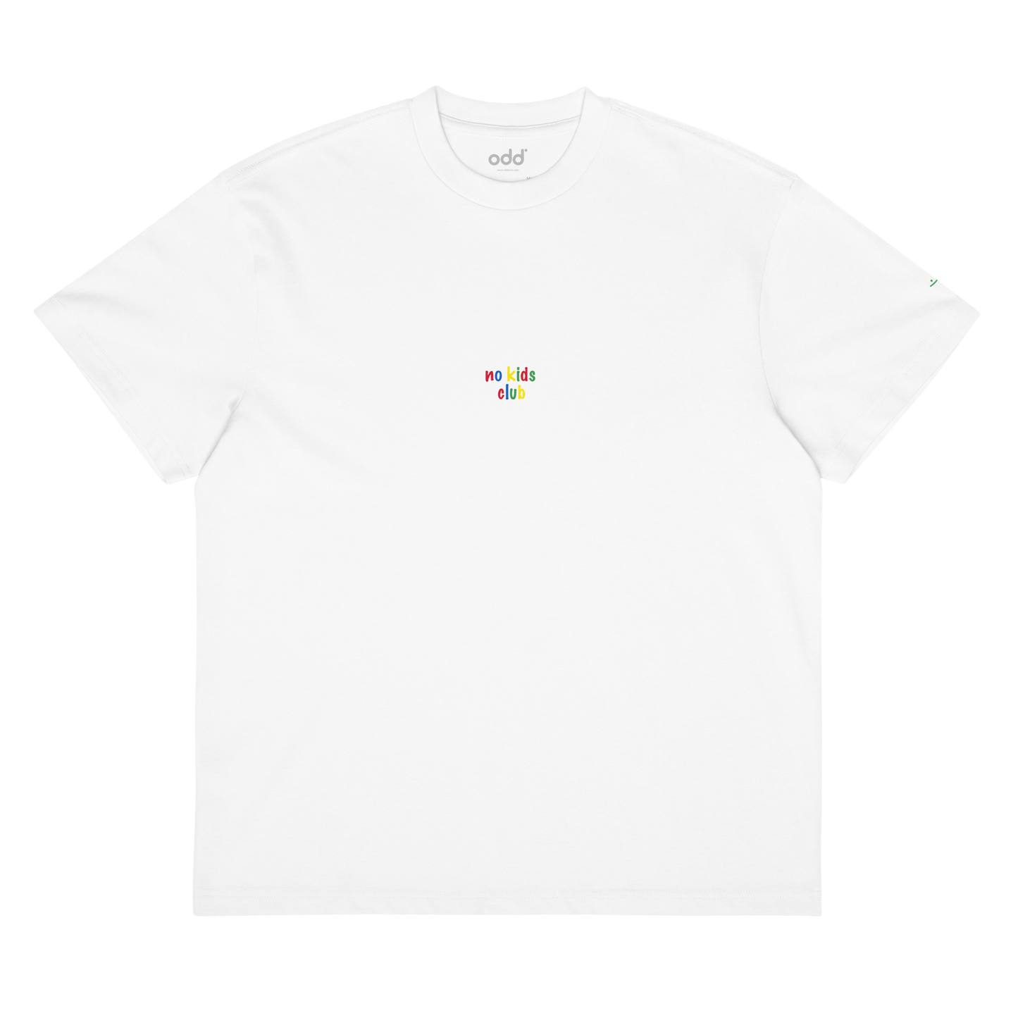 white boxy oversized unisex t-shirt, front view, "no kids club" print