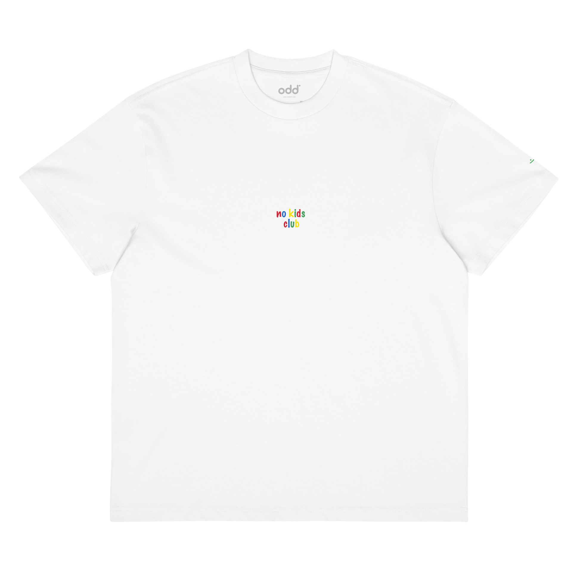 white boxy oversized unisex t-shirt, front view, "no kids club" print