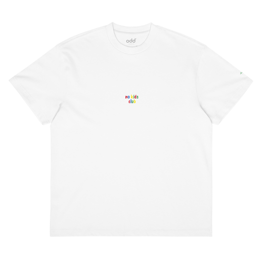 white boxy oversized unisex t-shirt, front view, "no kids club" print