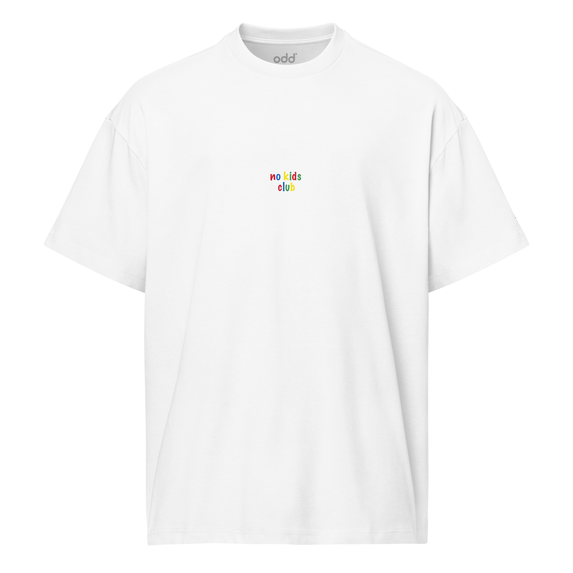 white boxy oversized unisex t-shirt, front view, "no kids club" print