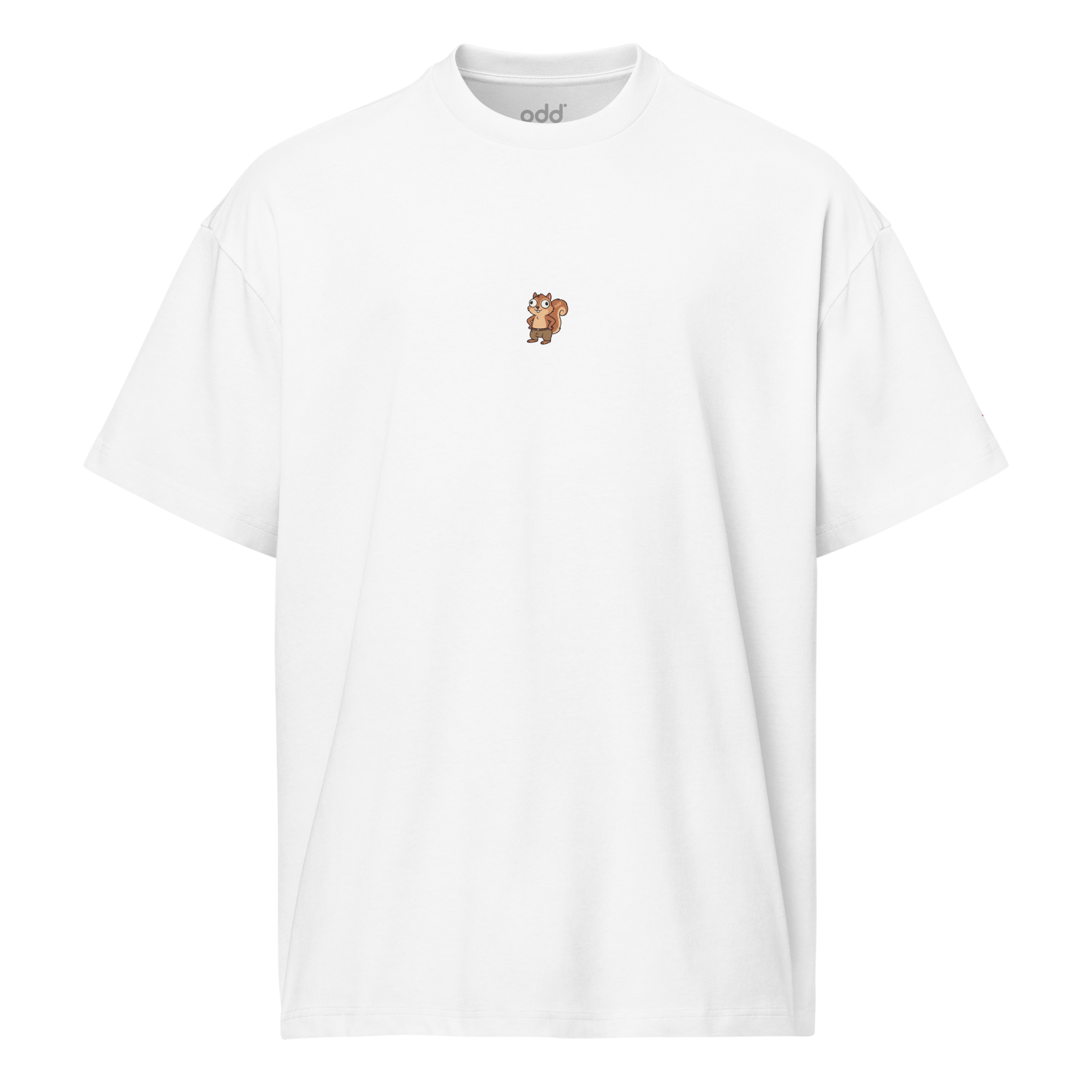white boxy oversized unisex t-shirt, front view, squirrel print