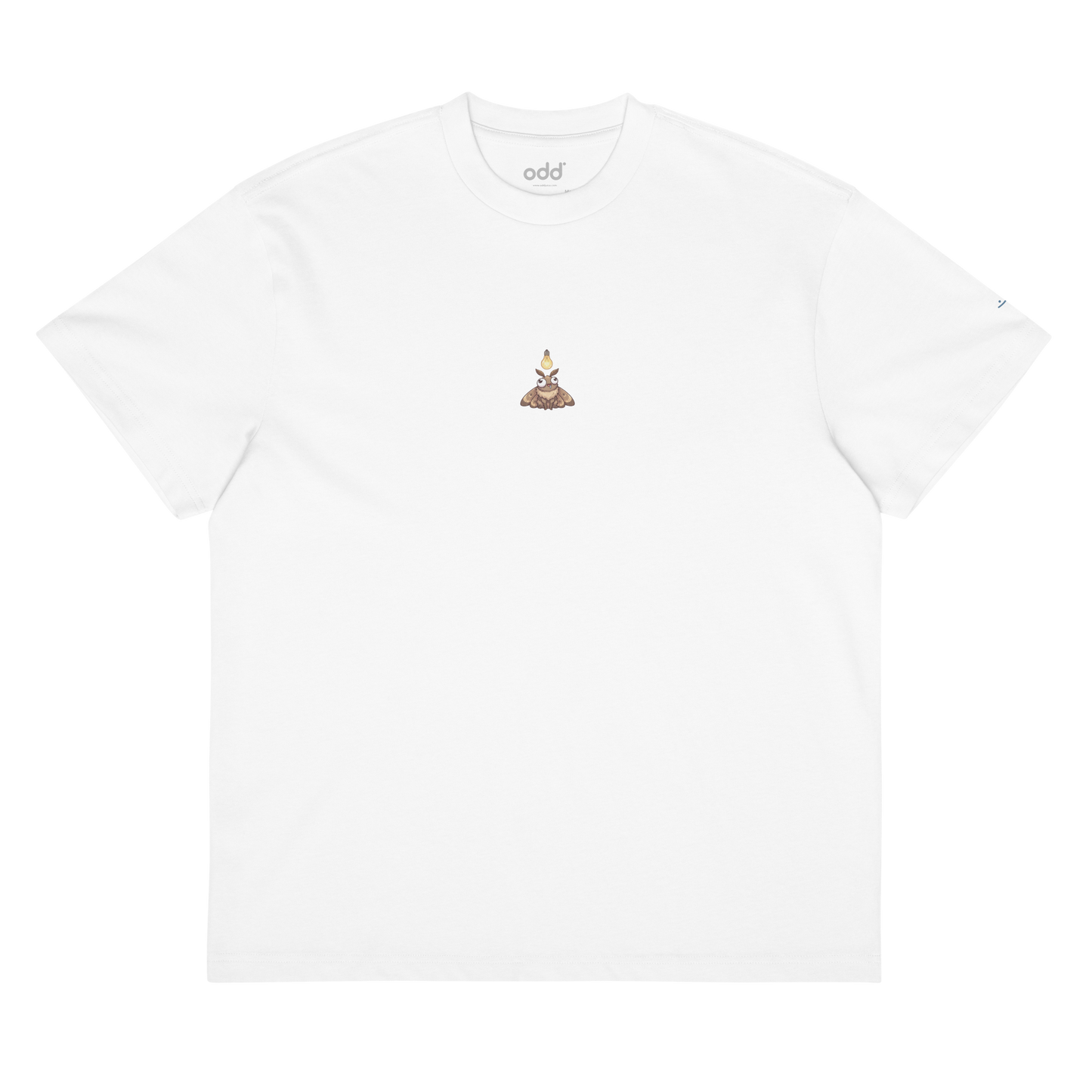 white boxy oversized unisex t-shirt, front view, moth with light bulb print