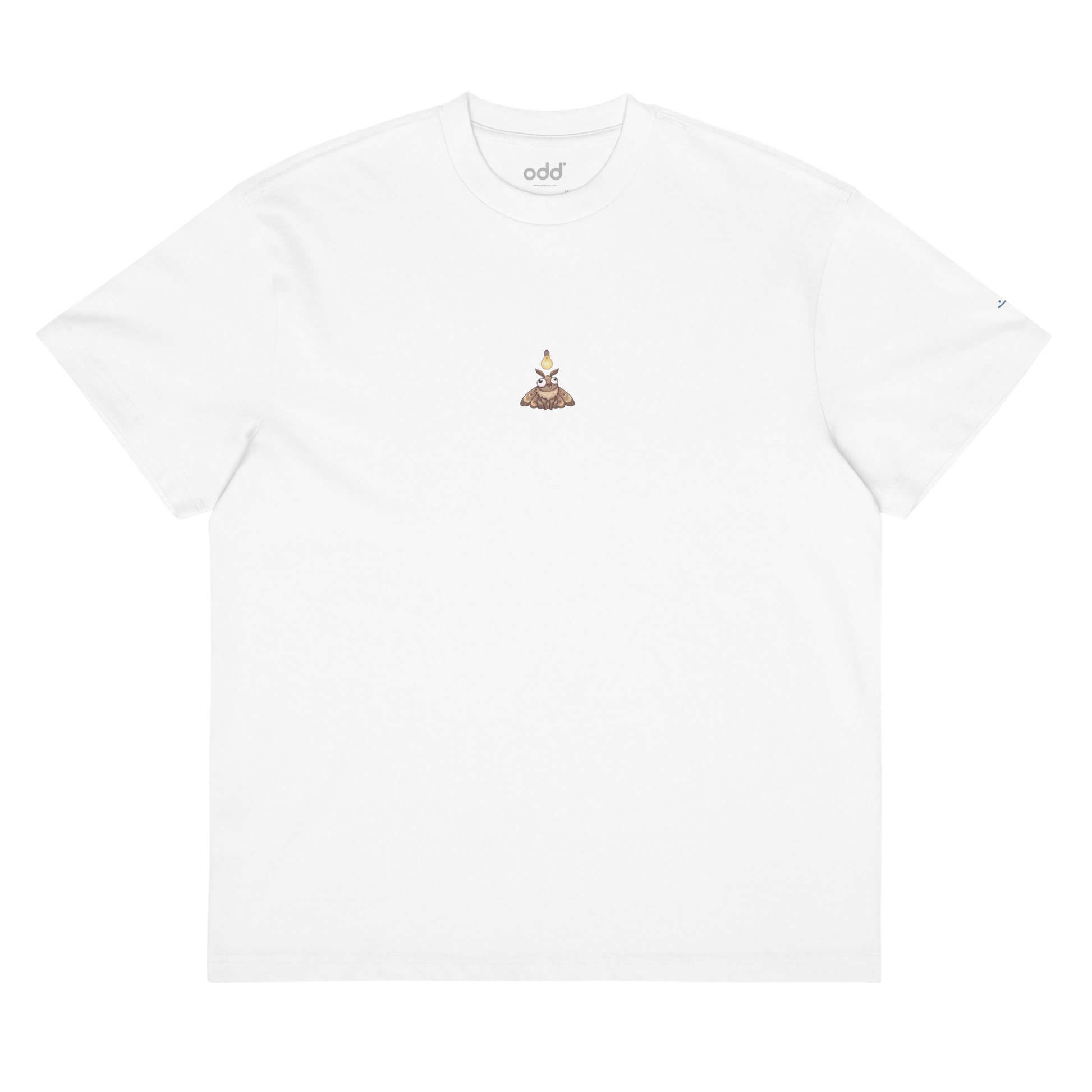 white boxy oversized unisex t-shirt, front view, moth with light bulb print