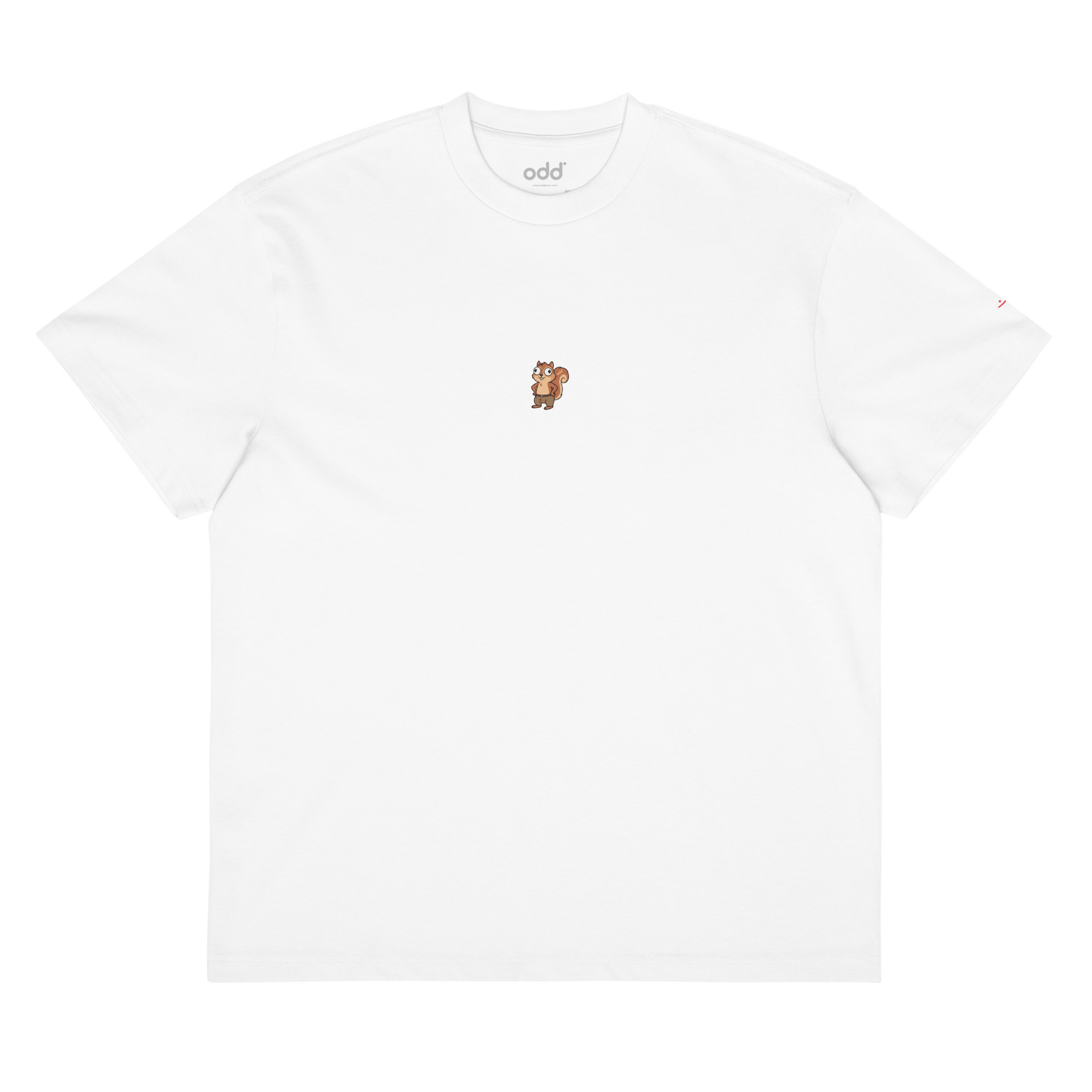 white boxy oversized unisex t-shirt, front view, squirrel print