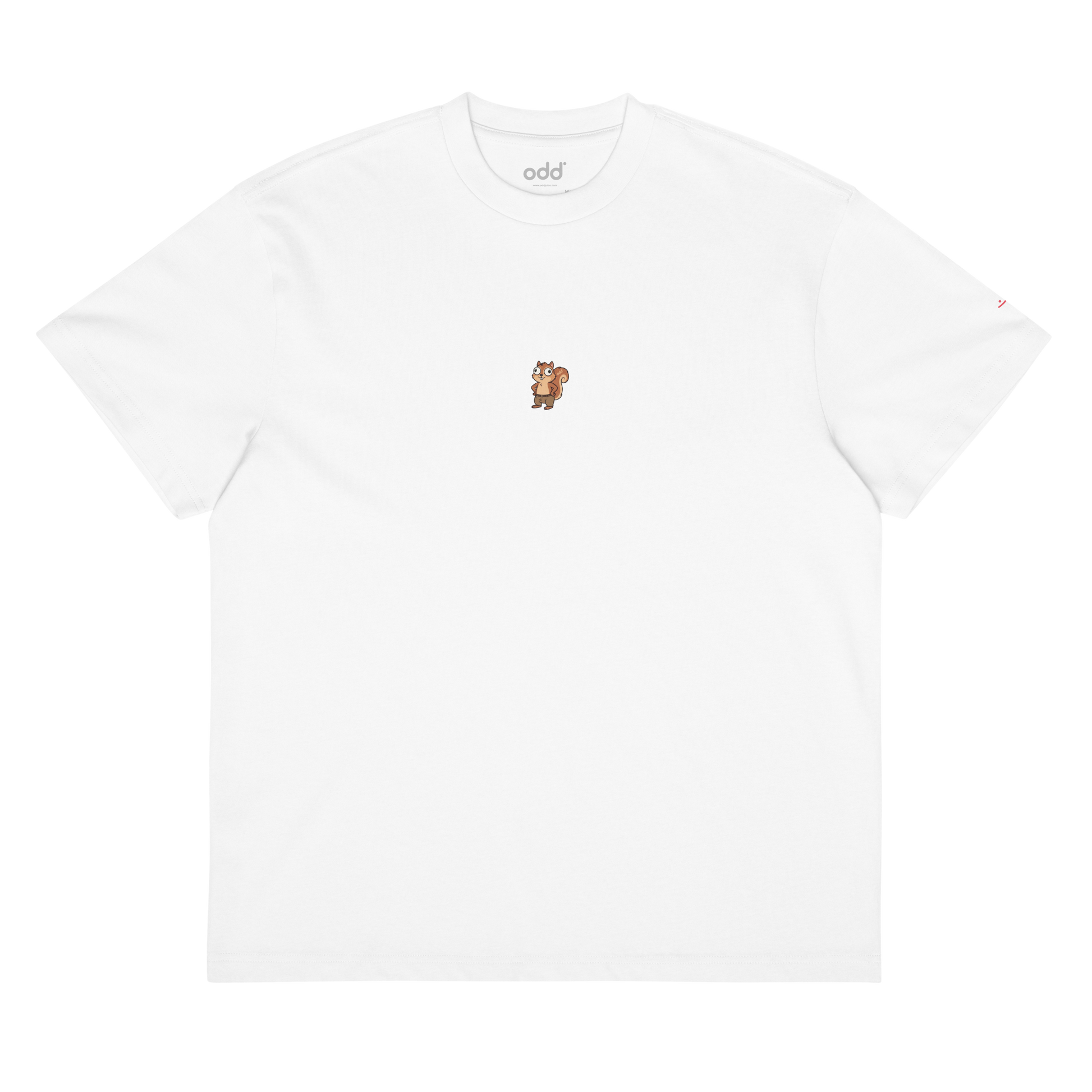 white boxy oversized unisex t-shirt, front view, squirrel print