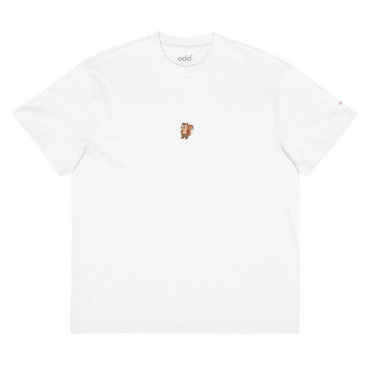 white boxy oversized unisex t-shirt, front view, squirrel print