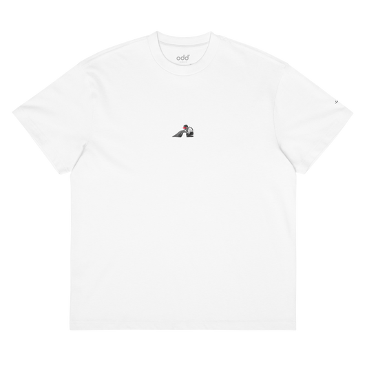 white boxy oversized unisex t-shirt, front view, a man kissing a dolphin in captivity
