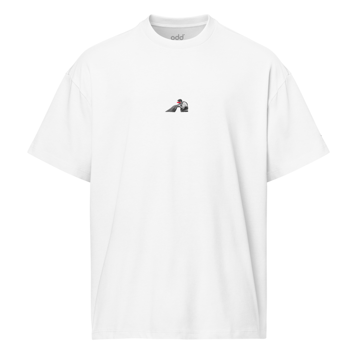 white boxy oversized unisex t-shirt, front view, a man kissing a dolphin in captivity