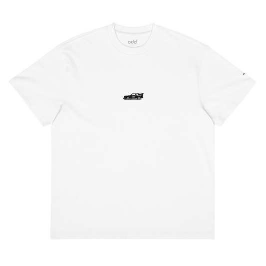 white boxy oversized unisex t-shirt, front view, sport quattro print