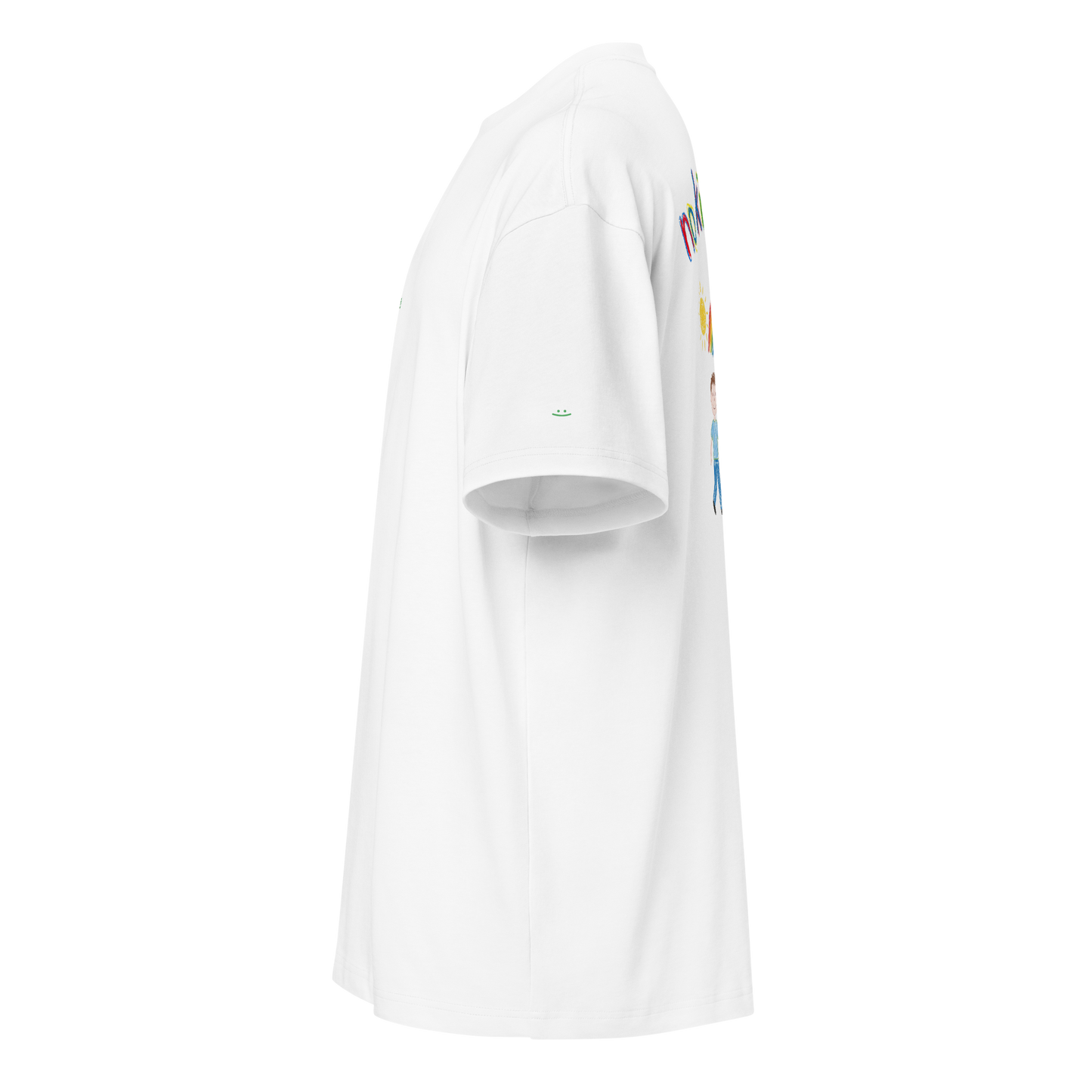 white boxy oversized unisex t-shirt, side view, smiley print on sleve