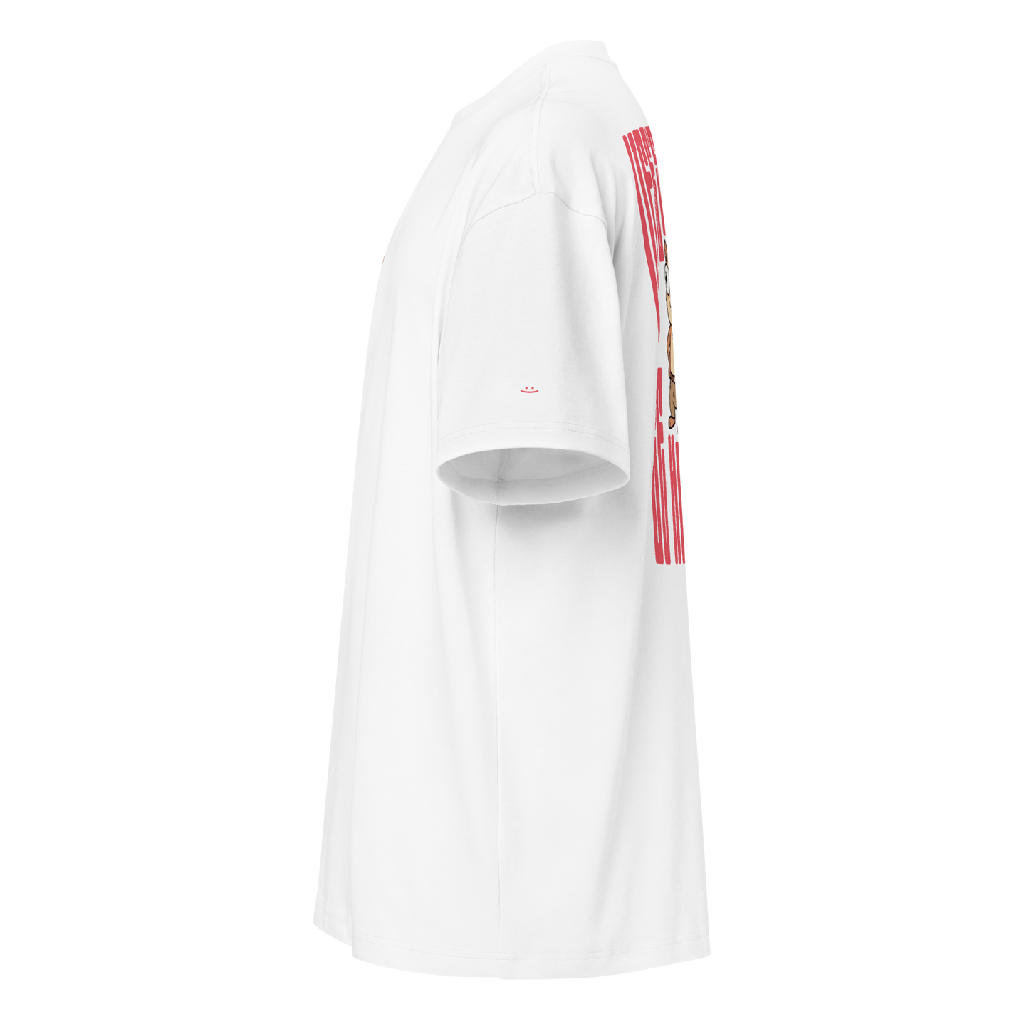 white boxy oversized unisex t-shirt, side view, smiley print on sleeve