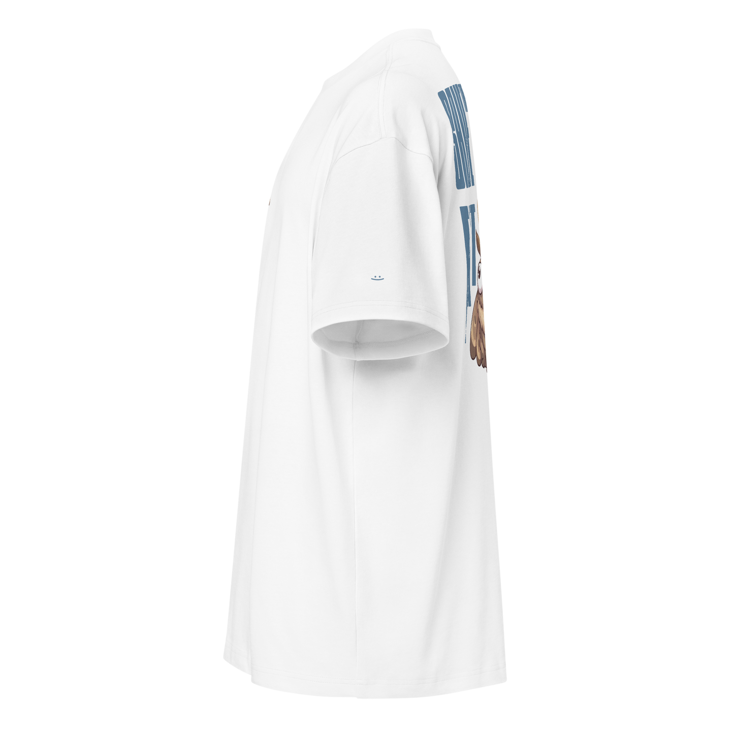 white boxy oversized unisex t-shirt, side view, printed smiley on left sleeve