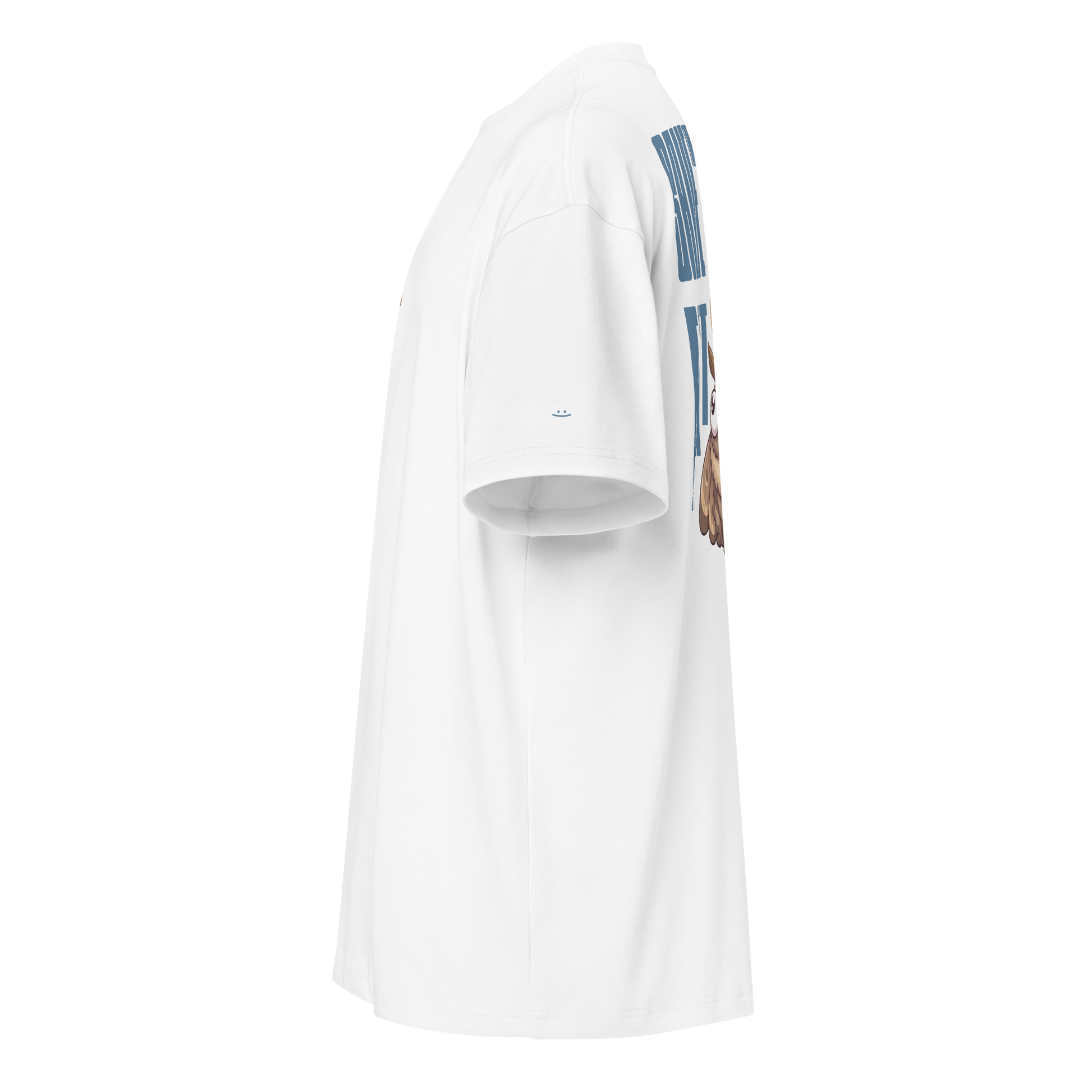 white boxy oversized unisex t-shirt, side view, printed smiley on left sleeve