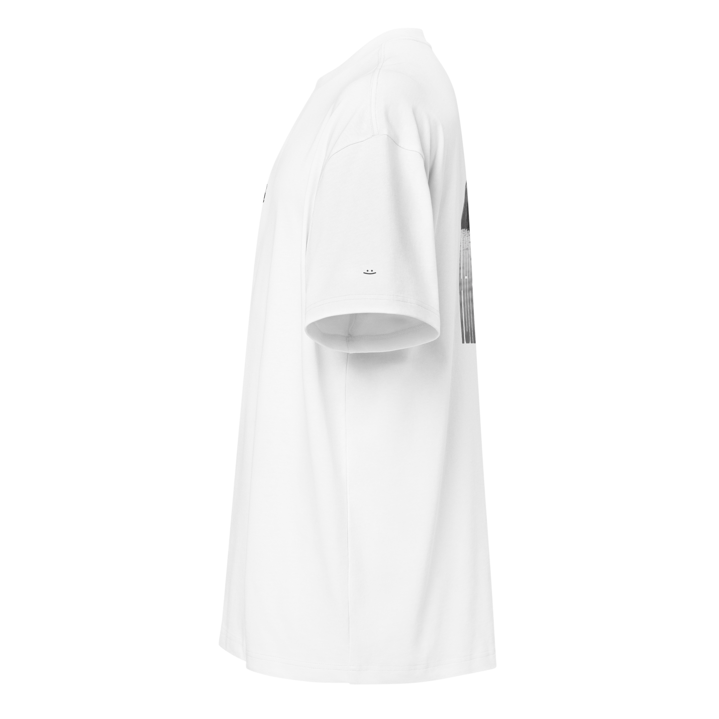 white boxy oversized unisex t-shirt, side view, smiley print on sleeve