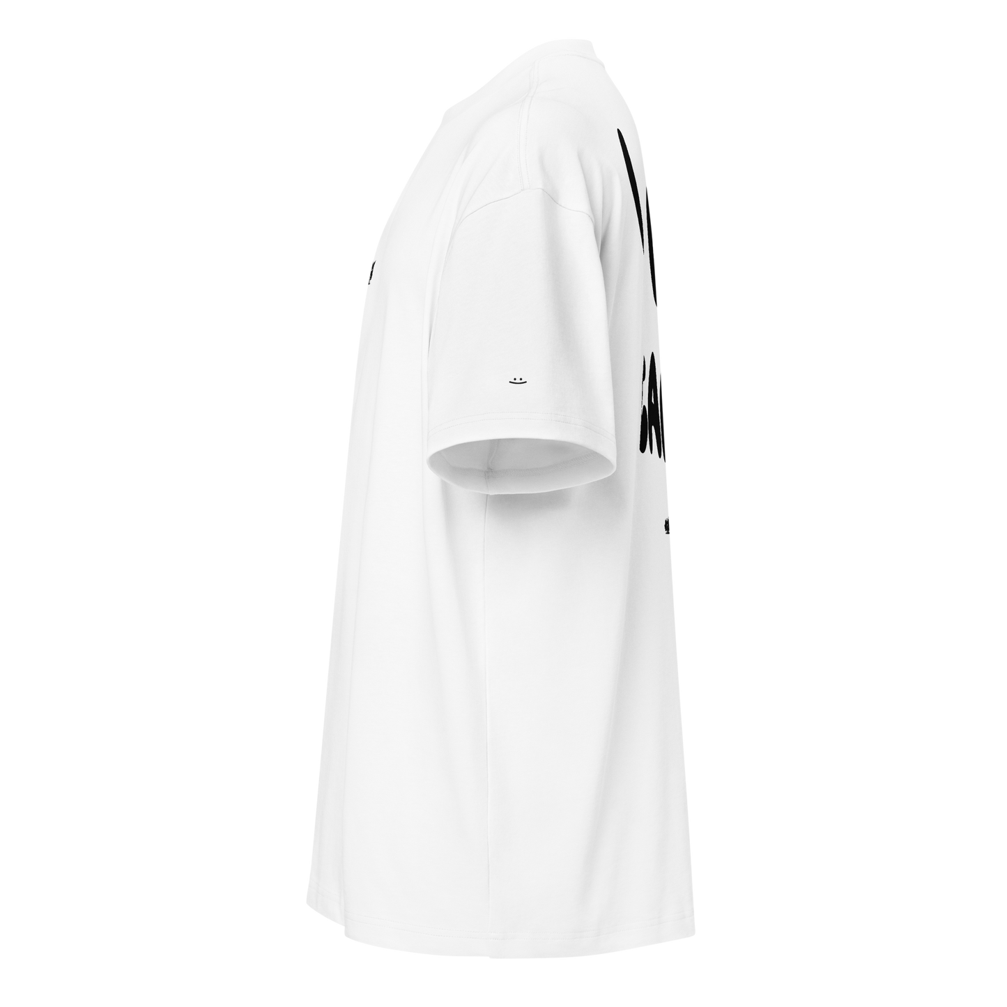 white boxy oversized unisex t-shirt, side view, smiley print on the sleeve