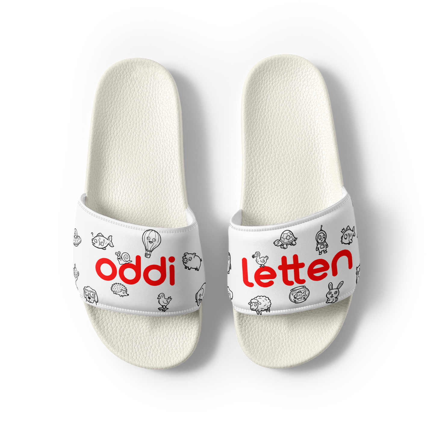 oddjuice oddiletten – pair of slides from above, red "oddi letten" lettering on strap, black graphic allover print