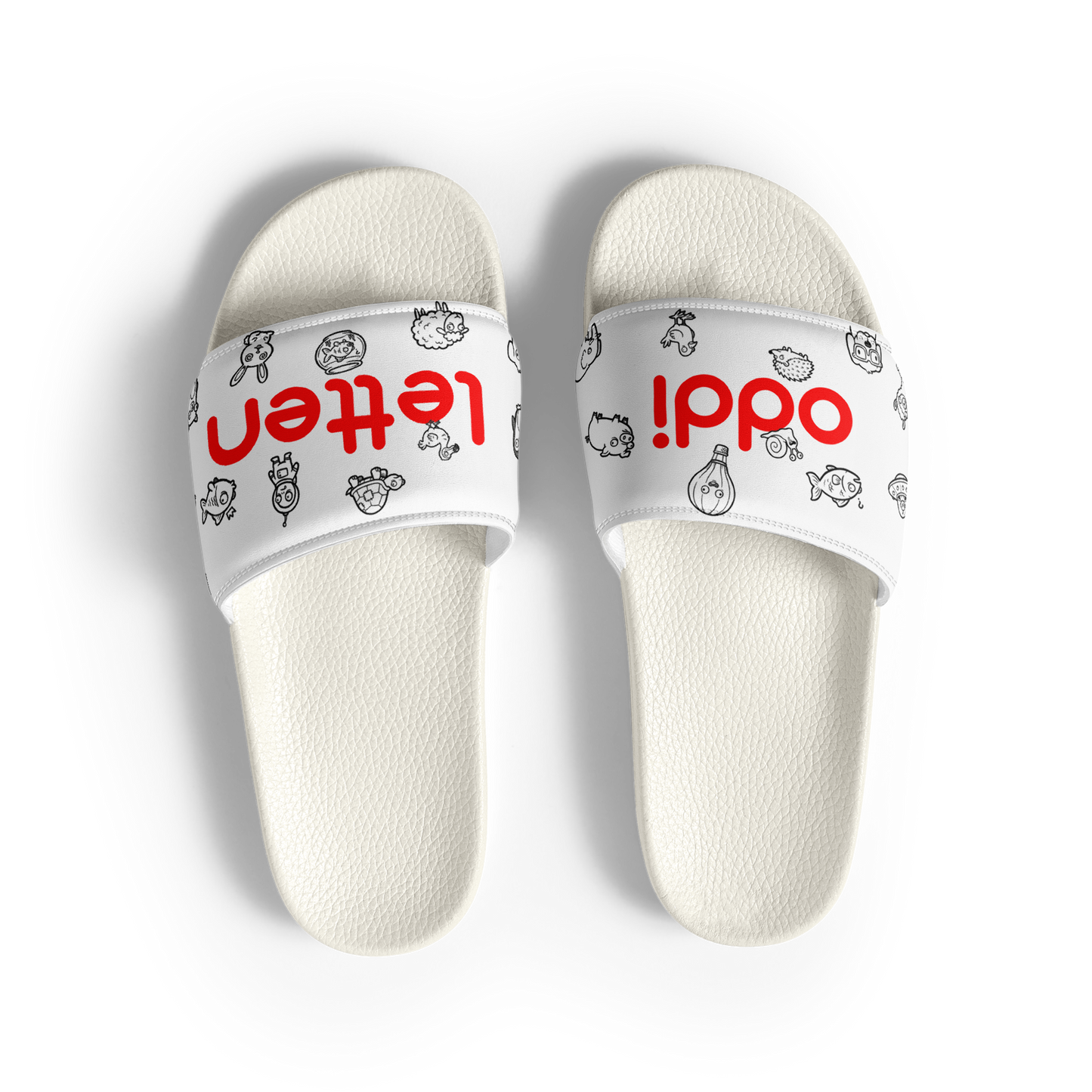 oddjuice oddiletten – pair of slides from above, red "oddi letten" lettering on strap, black graphic allover print