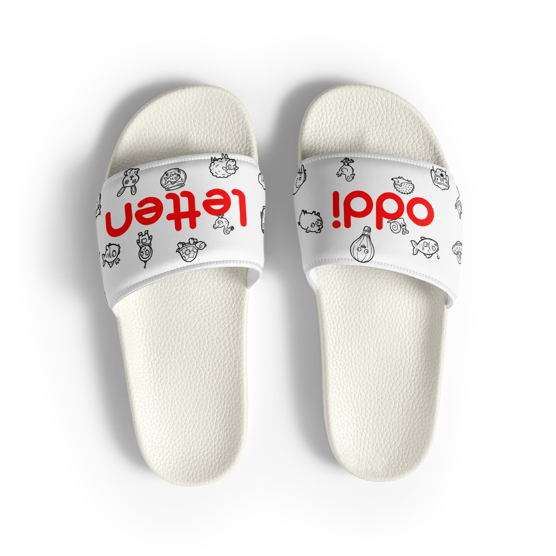 oddjuice oddiletten – pair of slides from above, red "oddi letten" lettering on strap, black graphic allover print