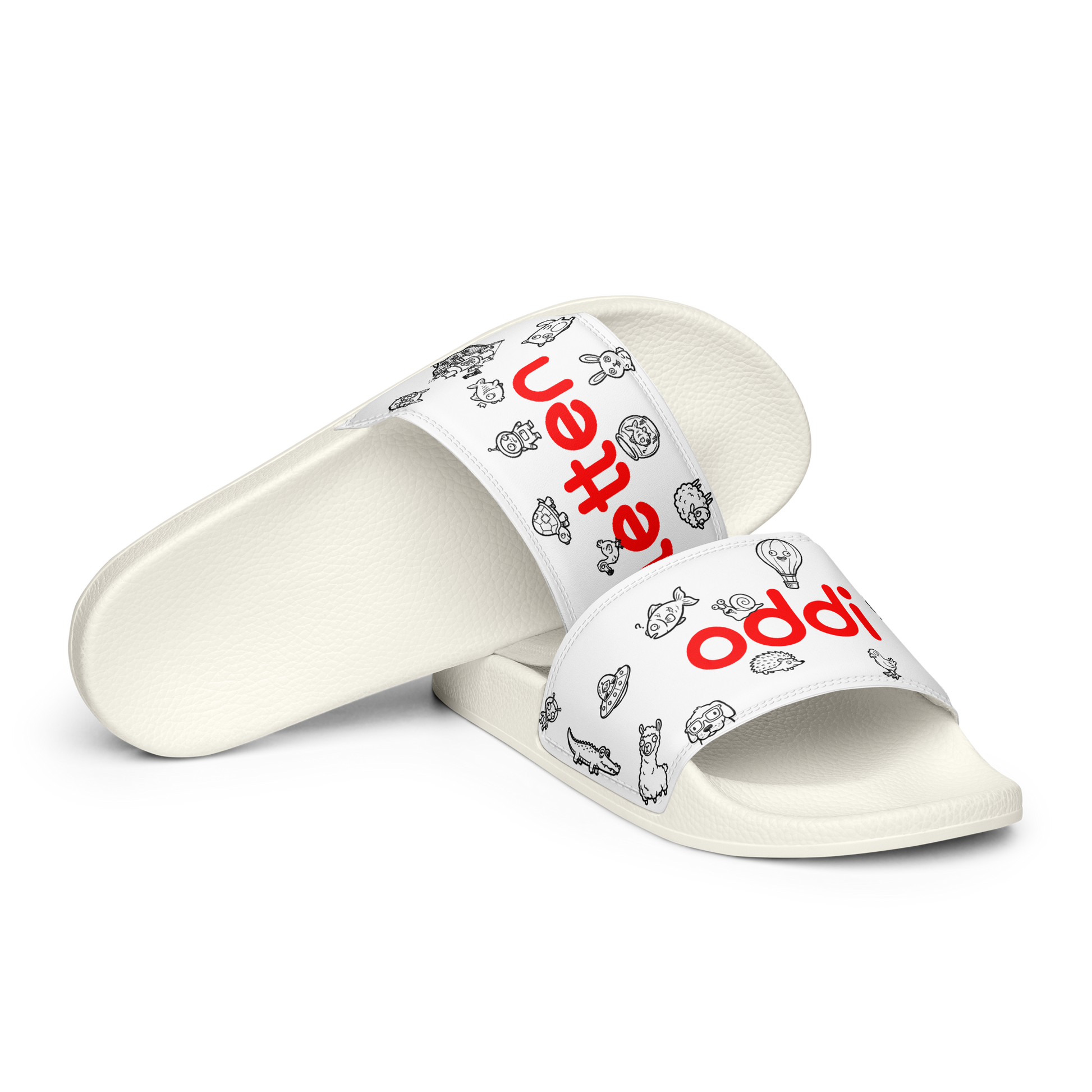 oddjuice oddiletten – slide pair front view, red "oddi letten" strap text and black creature doodles on white