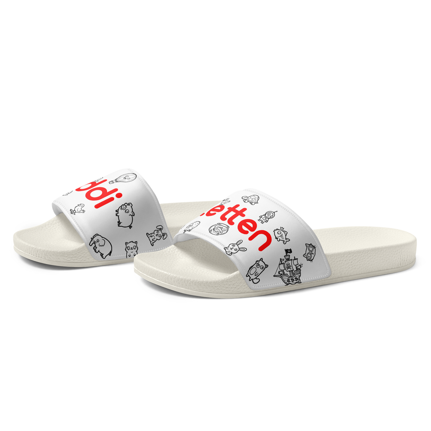 oddjuice oddiletten – single white slide from the side, black doodle allover print on footbed and strap