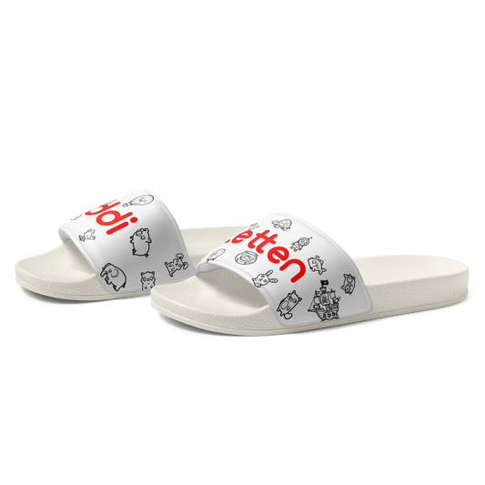 oddjuice oddiletten – single white slide from the side, black doodle allover print on footbed and strap
