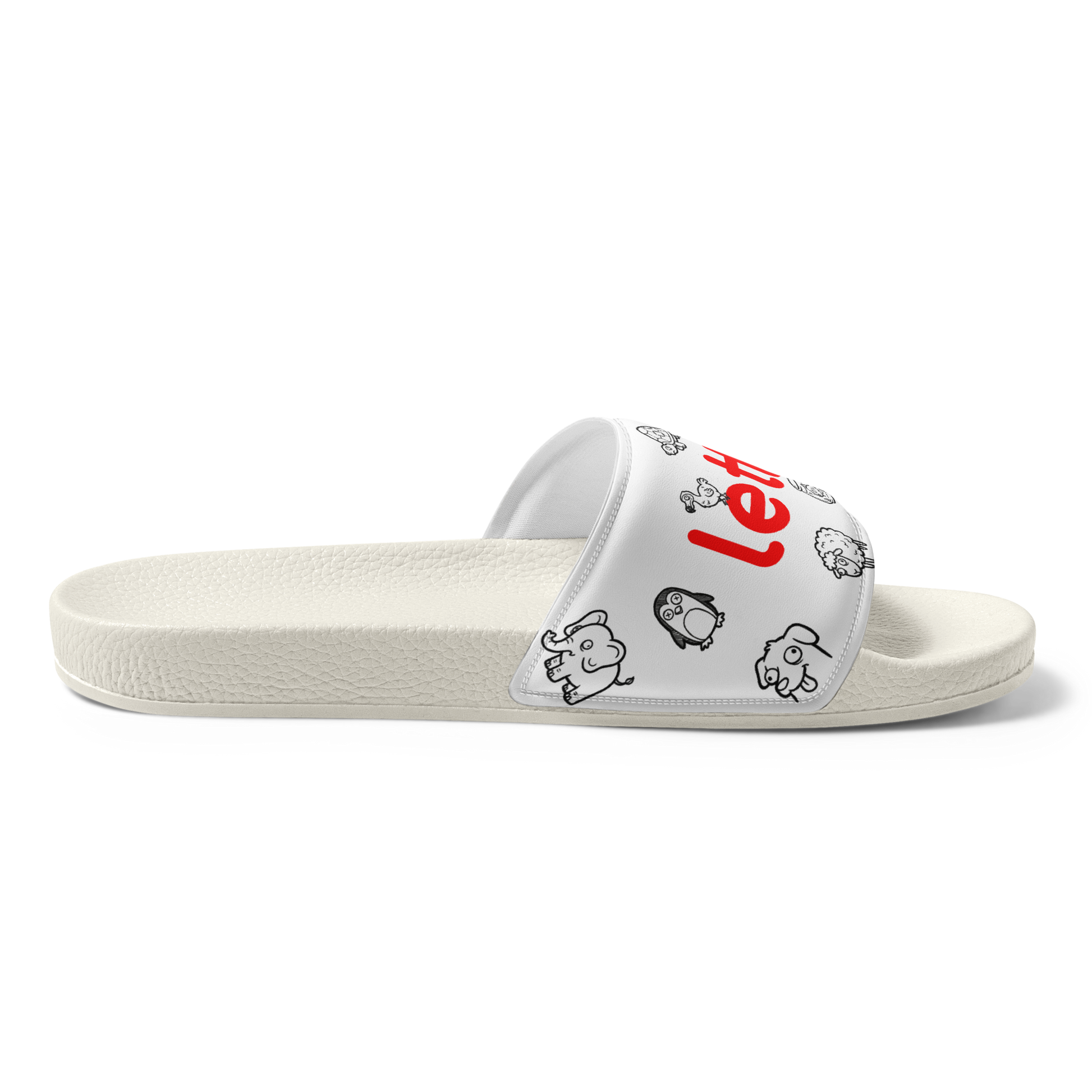 oddjuice oddiletten – slide pair angled side view, white sole and black allover print