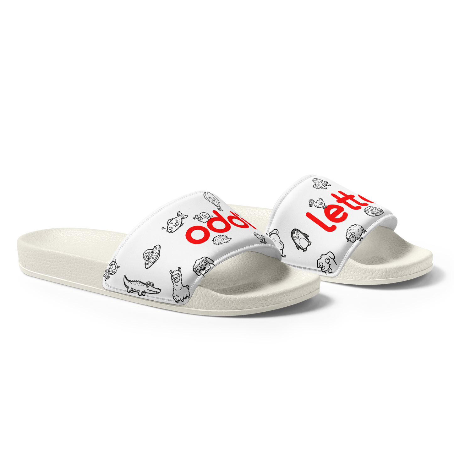 oddjuice oddiletten – slide pair three-quarter view, red strap lettering and black doodle print visible