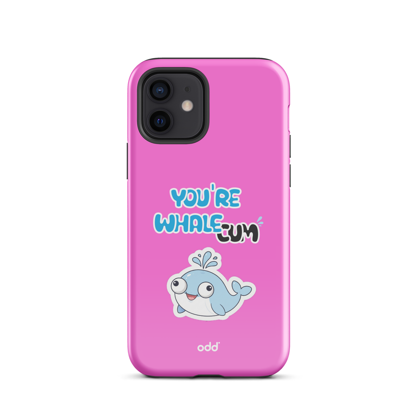oddjuice pink whale case – hot pink dual-layer tough iPhone case with you`re whalecum whale graphic on back, back view, iPhone 12