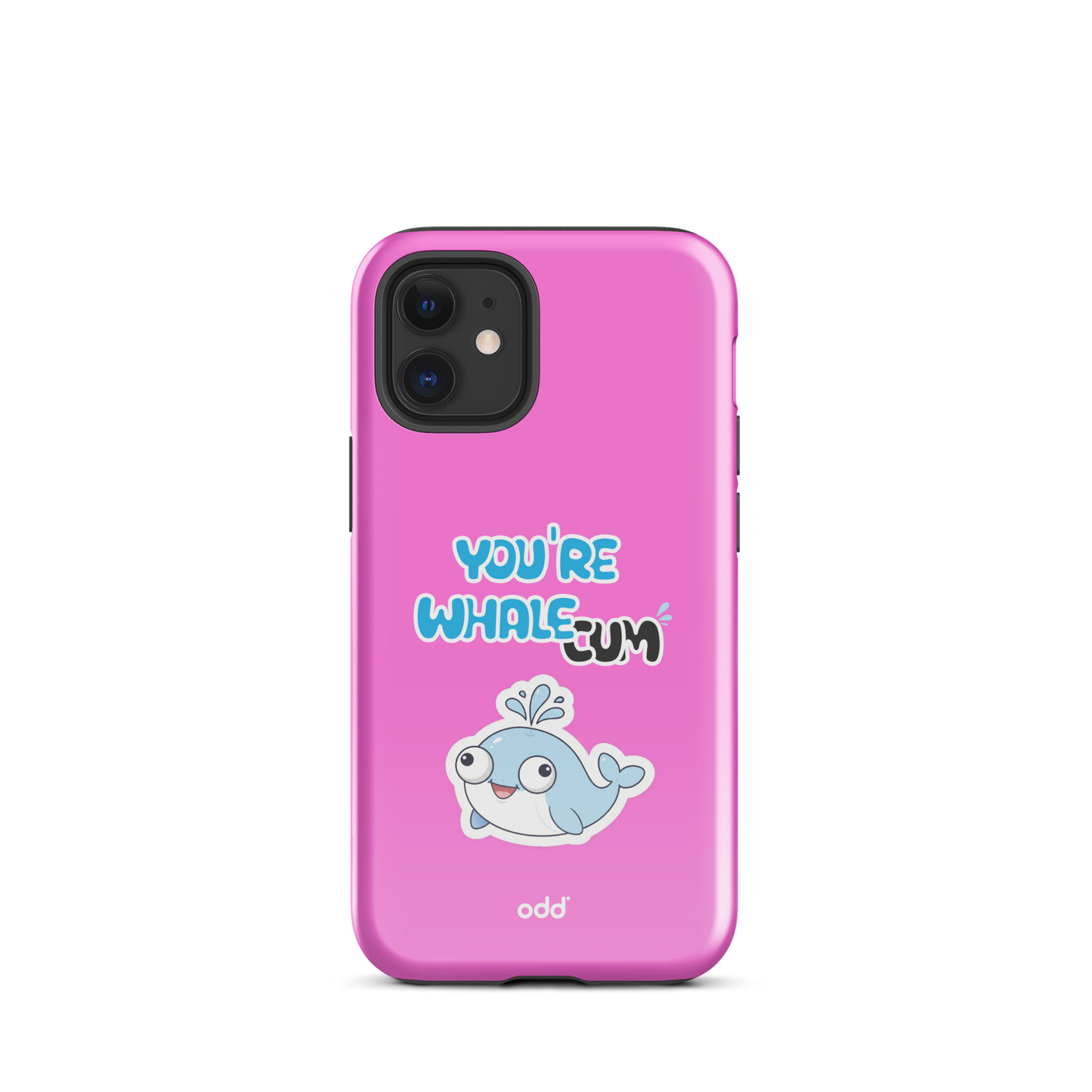 oddjuice pink whale case – hot pink dual-layer tough iPhone case with you`re whalecum whale graphic on back, back view, iPhone 12 mini