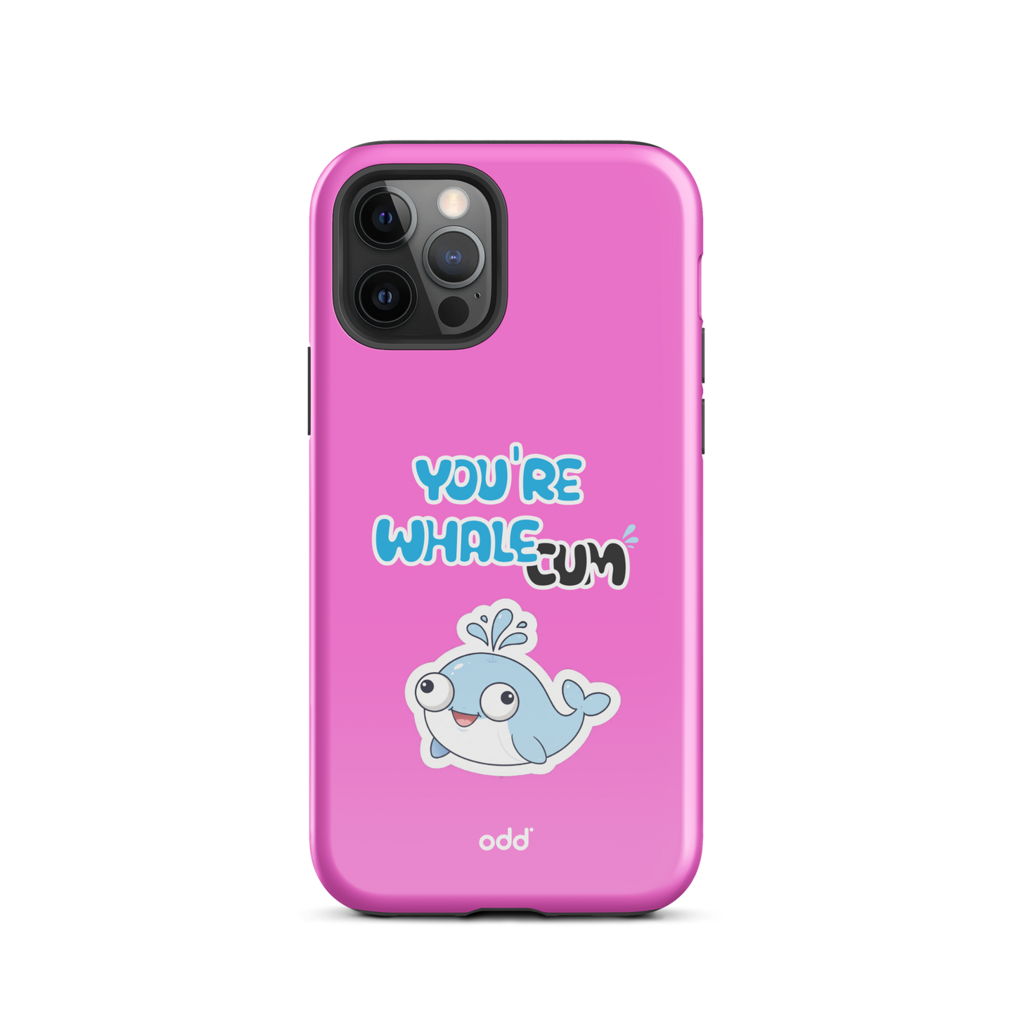 oddjuice pink whale case – hot pink dual-layer tough iPhone case with you`re whalecum whale graphic on back, back view, iPhone 12 pro