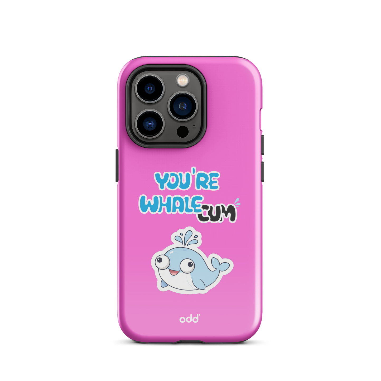 oddjuice pink whale case – hot pink dual-layer tough iPhone case with you`re whalecum whale graphic on back, back view, iPhone 14 pro