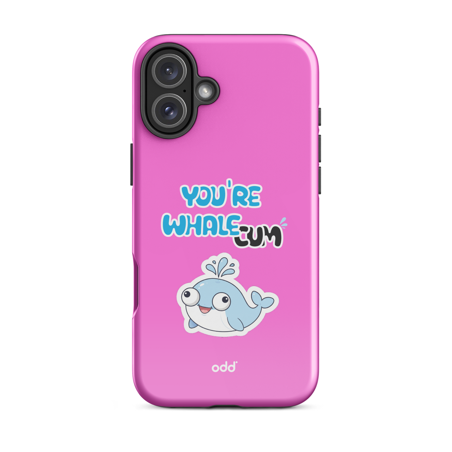 oddjuice pink whale case – hot pink dual-layer tough iPhone case with you`re whalecum whale graphic on back, back view, iPhone 16 plus