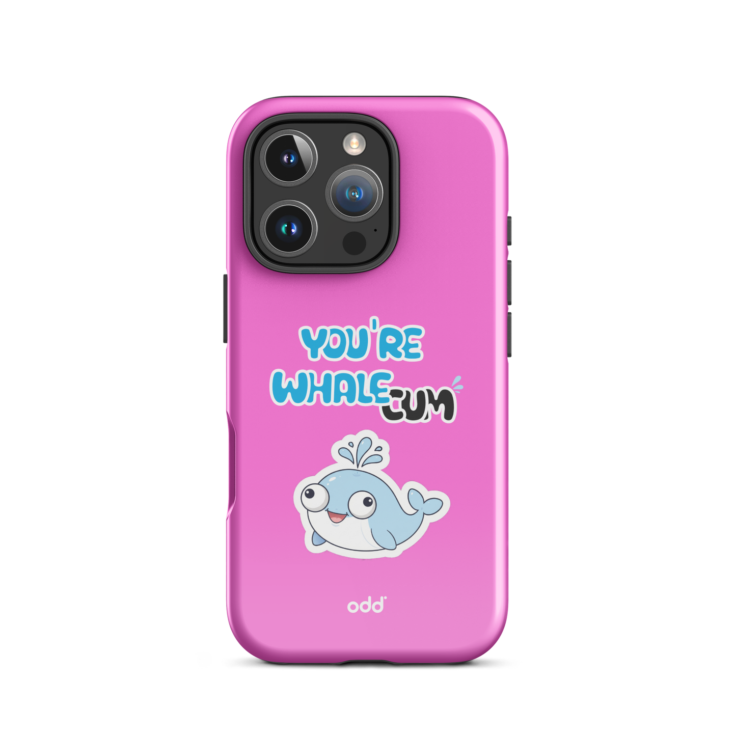 oddjuice pink whale case – hot pink dual-layer tough iPhone case with you`re whalecum whale graphic on back, back view, iPhone 16 pro