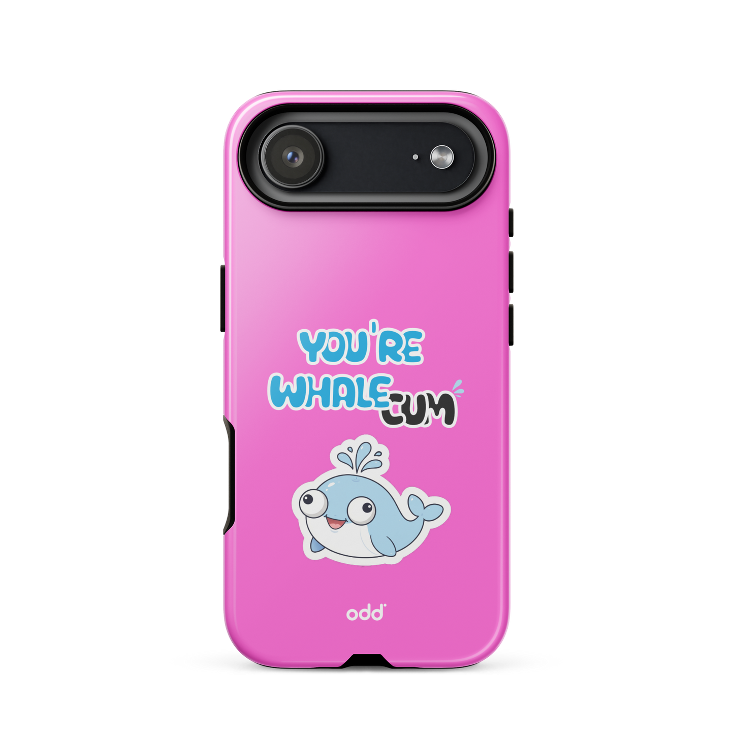 oddjuice pink whale case – hot pink dual-layer tough iPhone case with you`re whalecum whale graphic on back, back view, iPhone 17 air