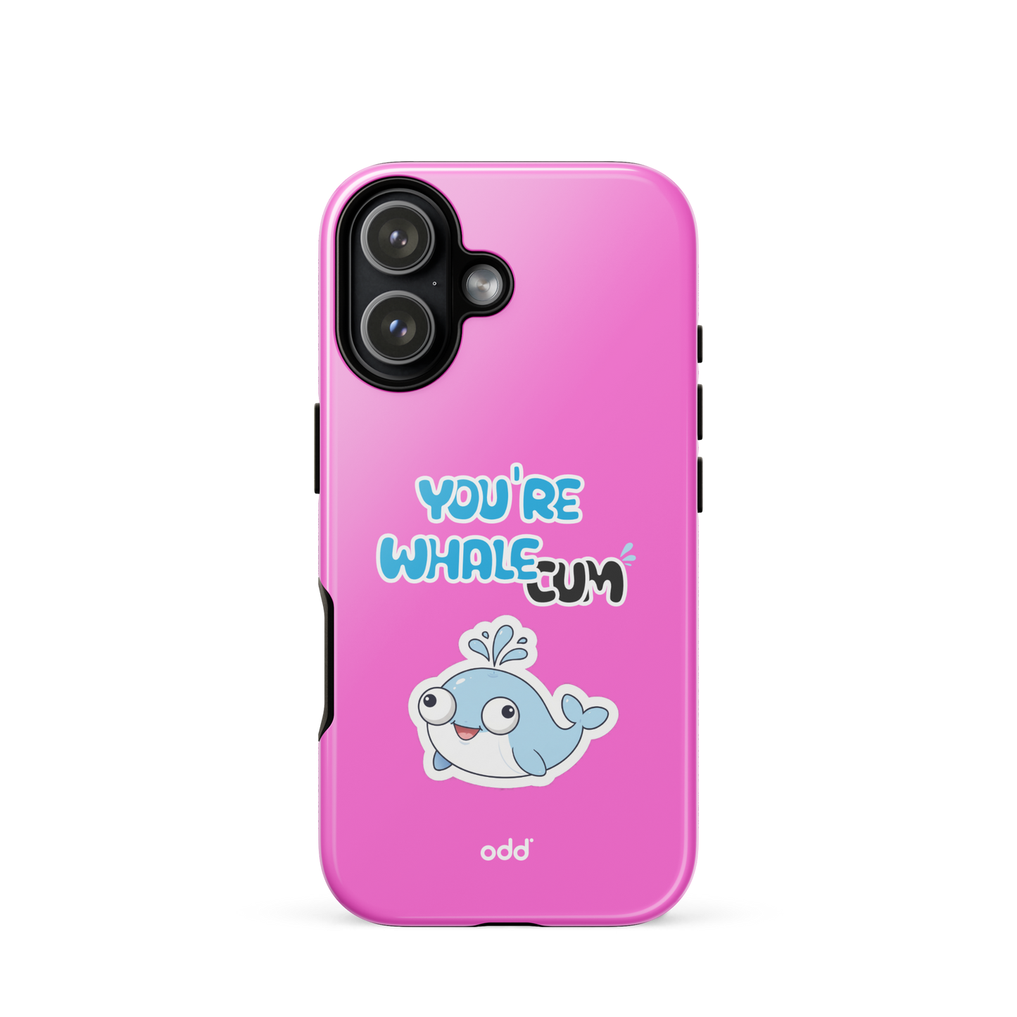 oddjuice pink whale case – hot pink dual-layer tough iPhone case with you`re whalecum whale graphic on back, back view, iPhone 17