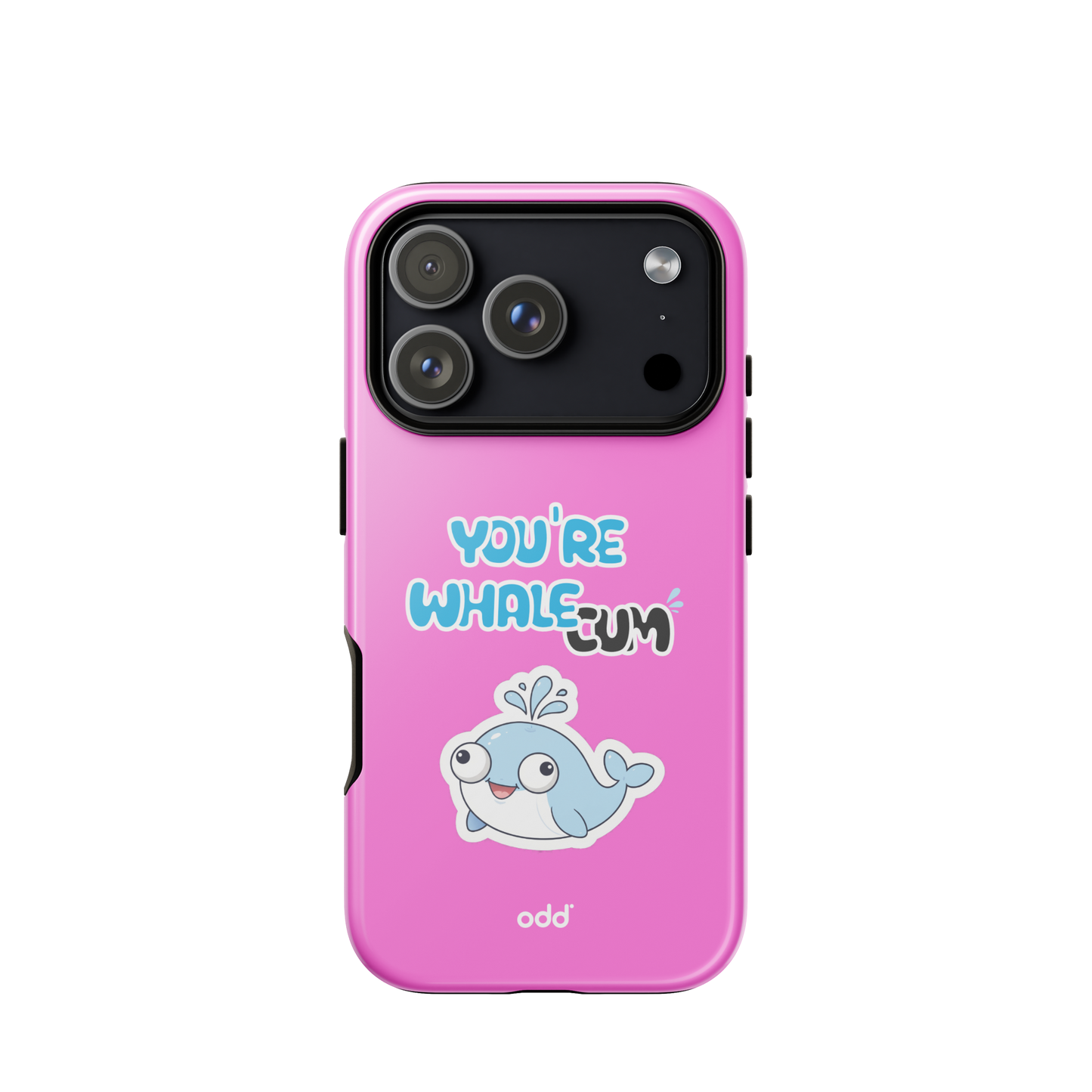 oddjuice pink whale case – hot pink dual-layer tough iPhone case with you`re whalecum whale graphic on back, back view, iPhone 17 pro