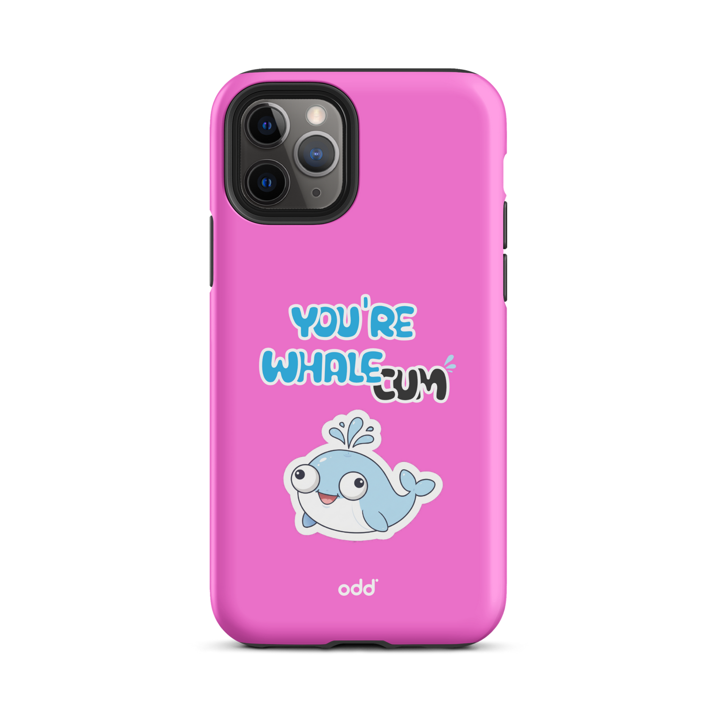 oddjuice pink whale case – hot pink dual-layer tough iPhone case with you`re whalecum whale graphic on back, back view, iPhone 11 pro