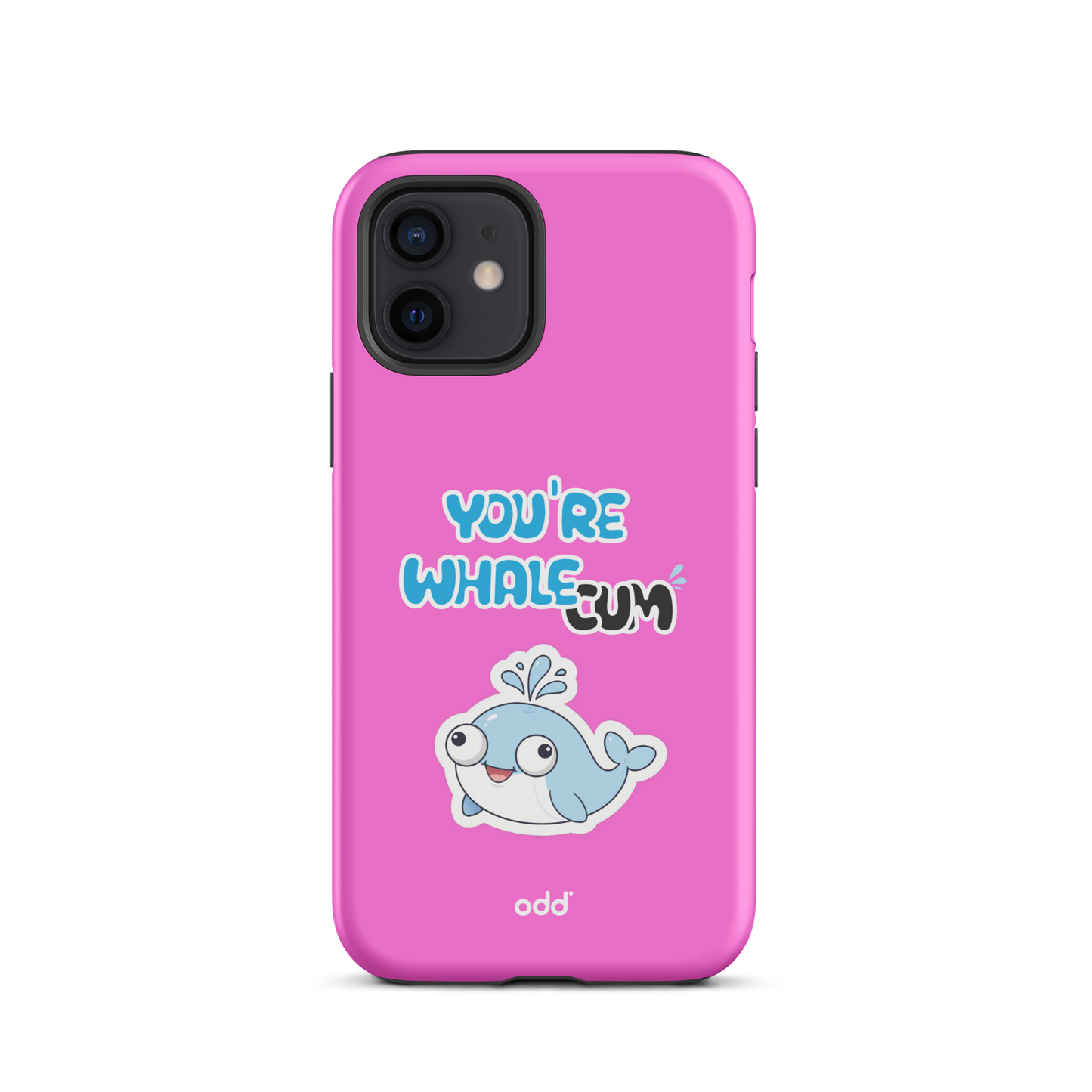 oddjuice pink whale case – hot pink dual-layer tough iPhone case with you`re whalecum whale graphic on back, back view, iPhone 12