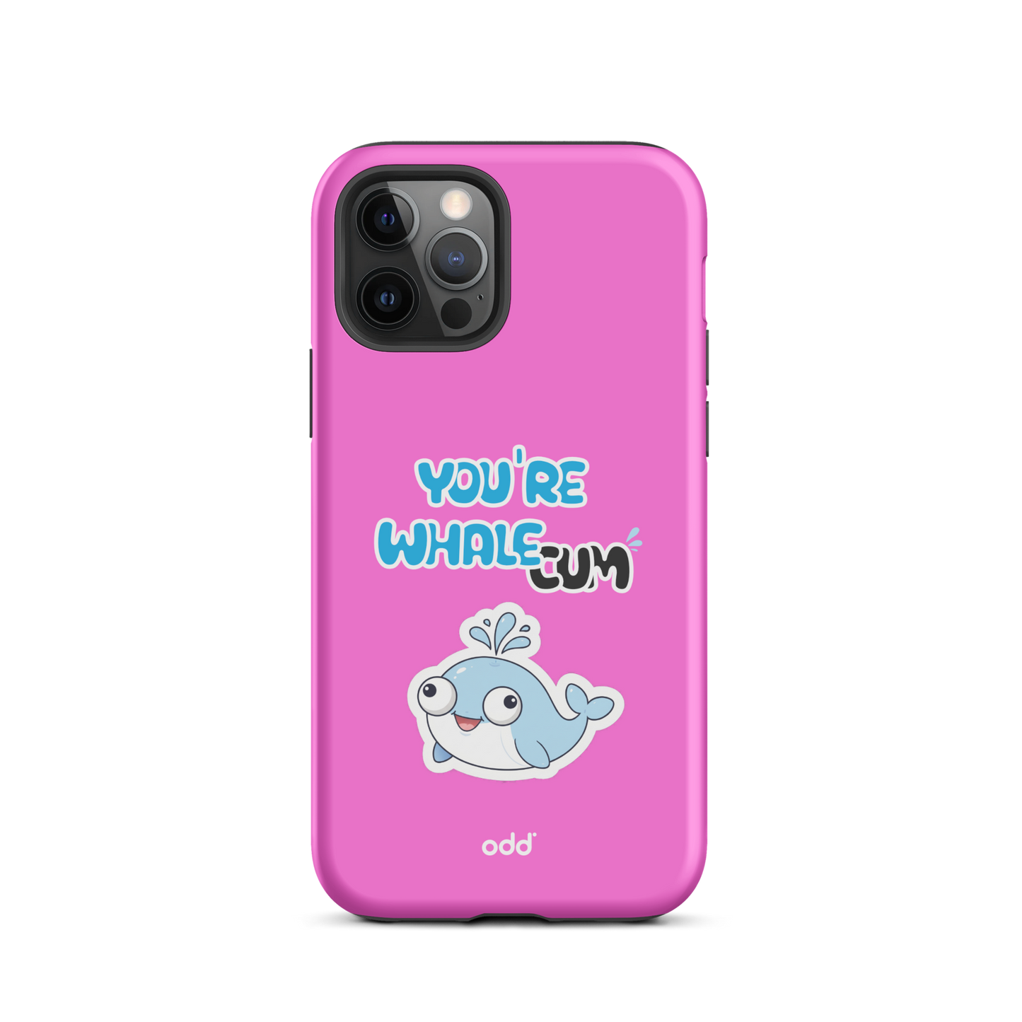 oddjuice pink whale case – hot pink dual-layer tough iPhone case with you`re whalecum whale graphic on back, back view, iPhone 12 pro