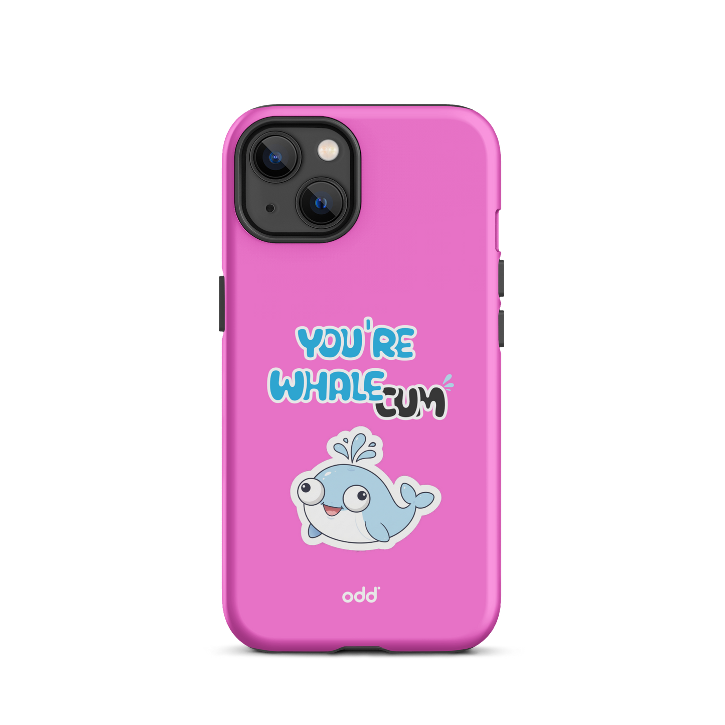 oddjuice pink whale case – hot pink dual-layer tough iPhone case with you`re whalecum whale graphic on back, back view, iPhone 13