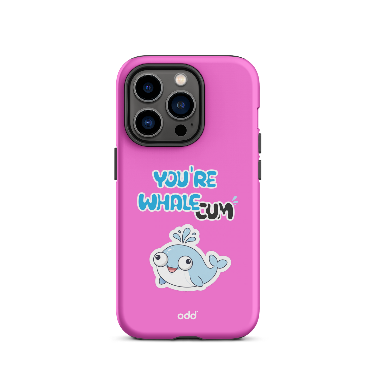 oddjuice pink whale case – hot pink dual-layer tough iPhone case with you`re whalecum whale graphic on back, back view, iPhone 14 pro